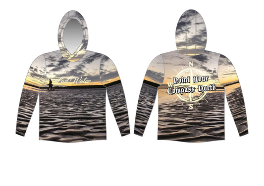 Front and back of Last Water Fishing Hooded Shirt with Gulf water design and compass print