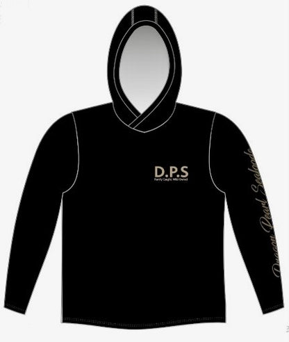 Front of Last Water D.P.S men's hooded fishing shirt with DragonPearl Seafoods logo