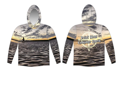 Front and back of Last Water Fishing Hooded Shirt with Gulf water design and compass print